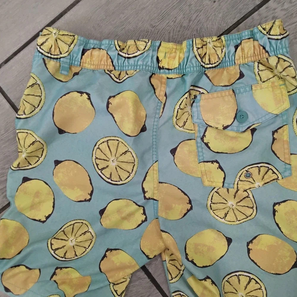 St Johns Bay Mens Lemon Print Swim Trunks‎ Teal Blue Mesh Lined Board Shorts S